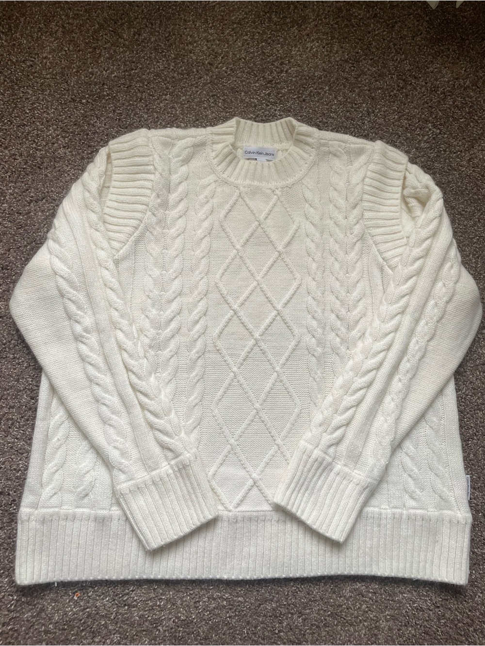 Calvin Klein Jeans Cream Cable-Knit Crewneck Sweater